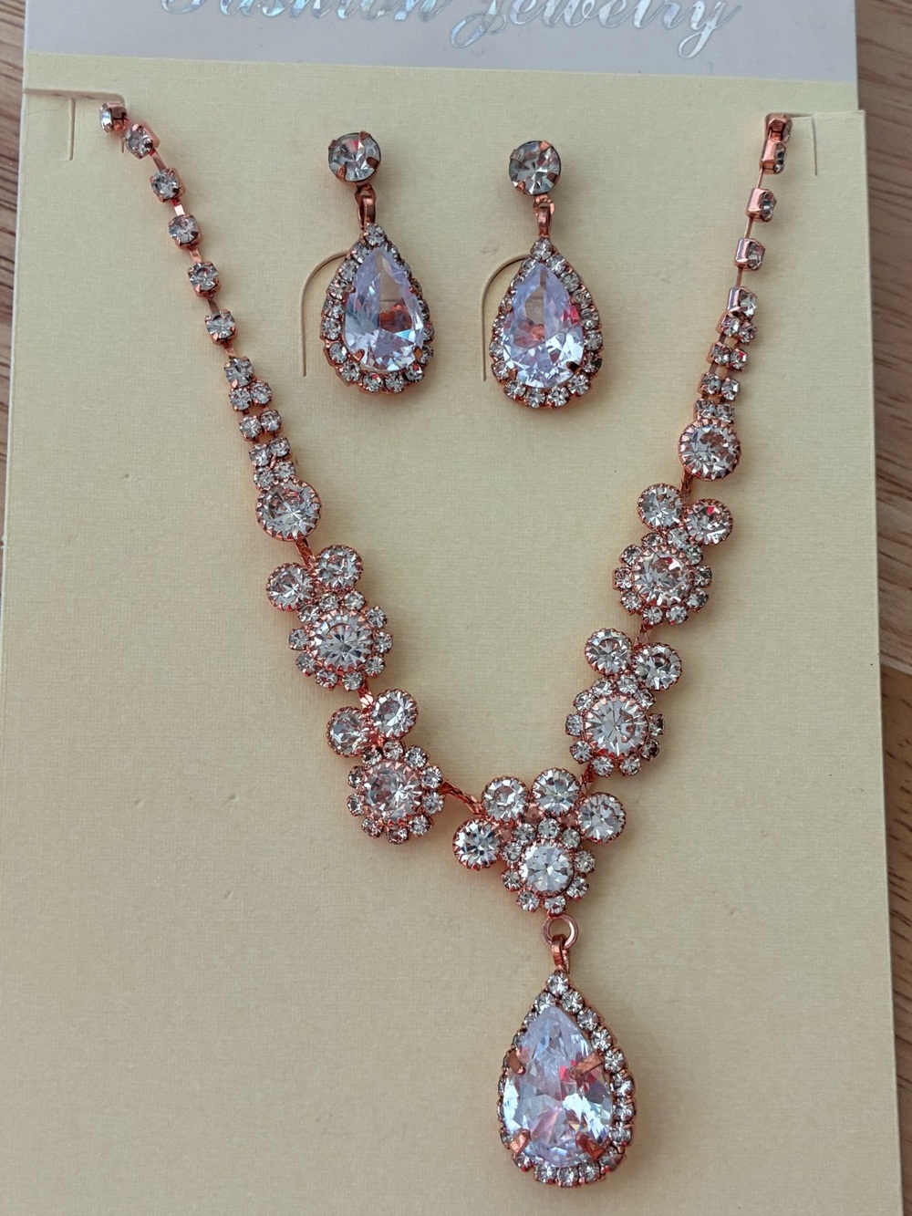 Unicra Brand Bridal Set Rose Gold Teardrop Crystal Necklace -  Matching Earrings